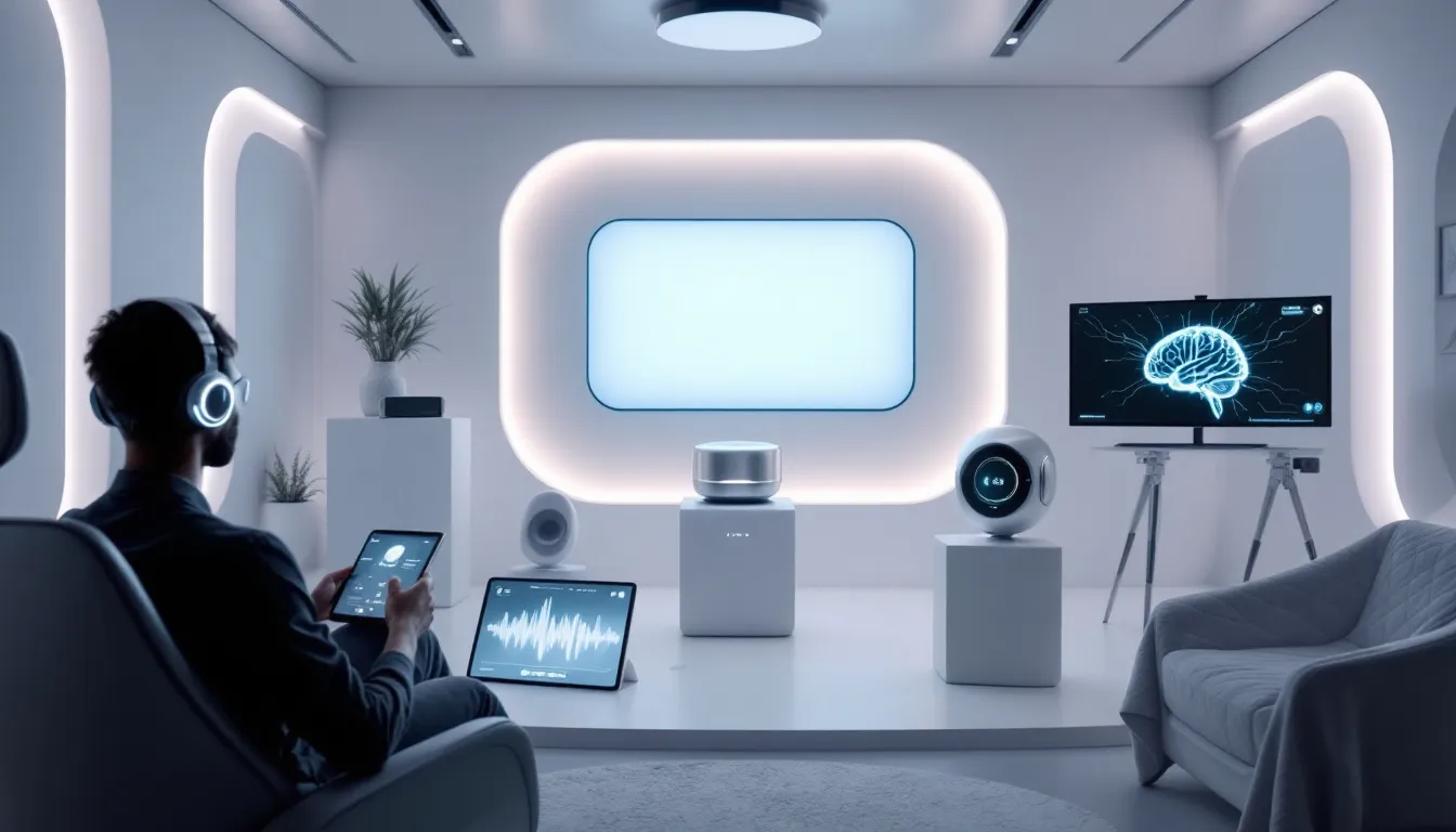 Future trends in text to speech technology illustrated with various devices.