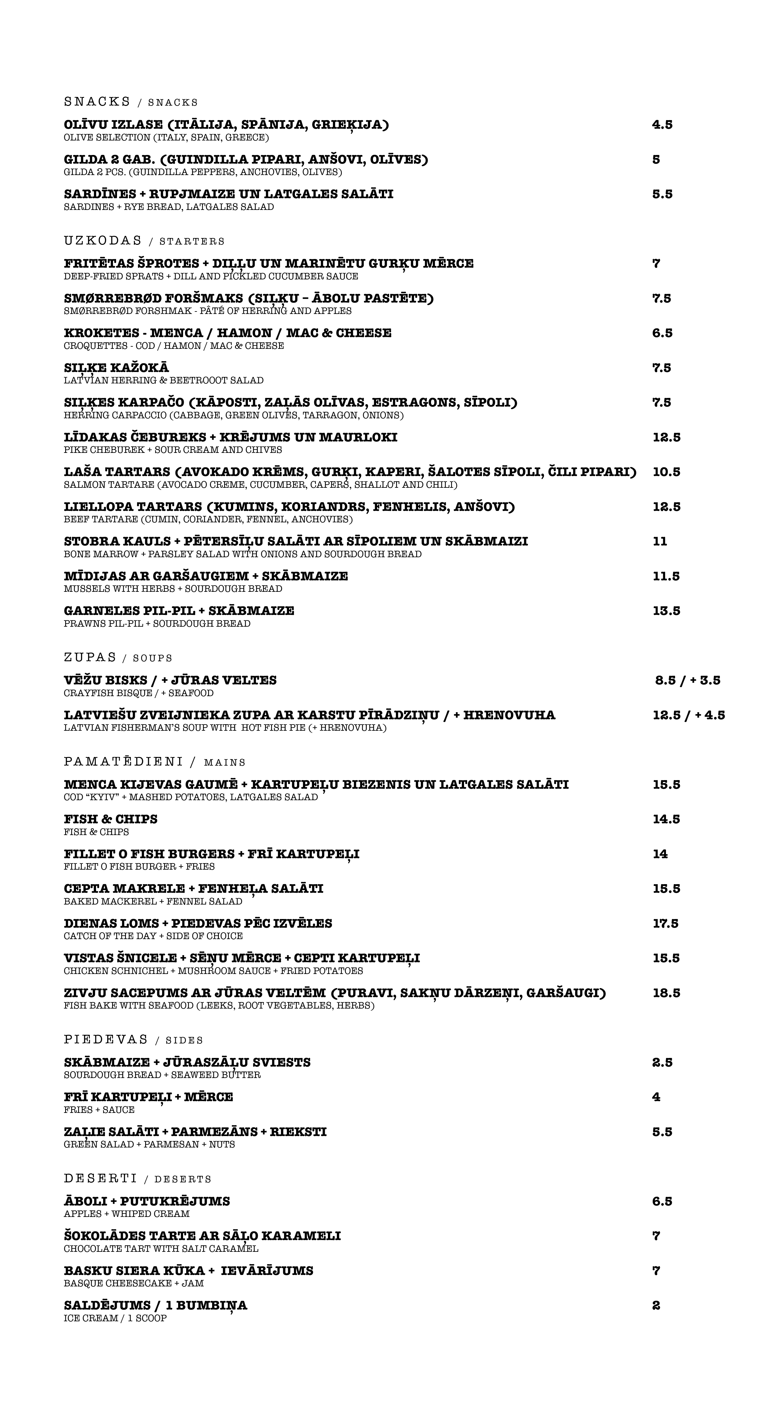 Food menu at Fish Corner restaurant, Riga, Latvia