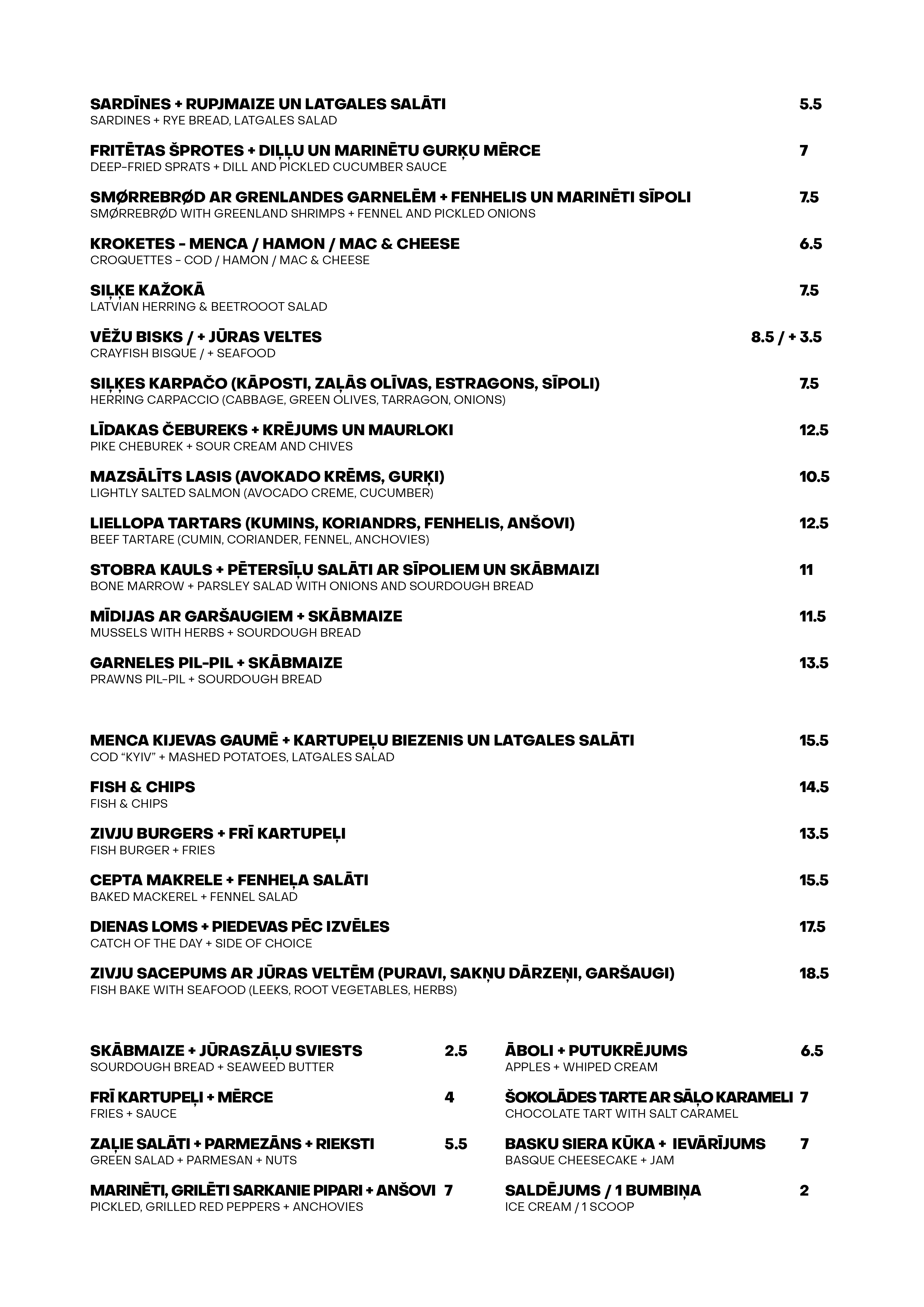 Food menu at Fish Corner restaurant, Riga, Latvia