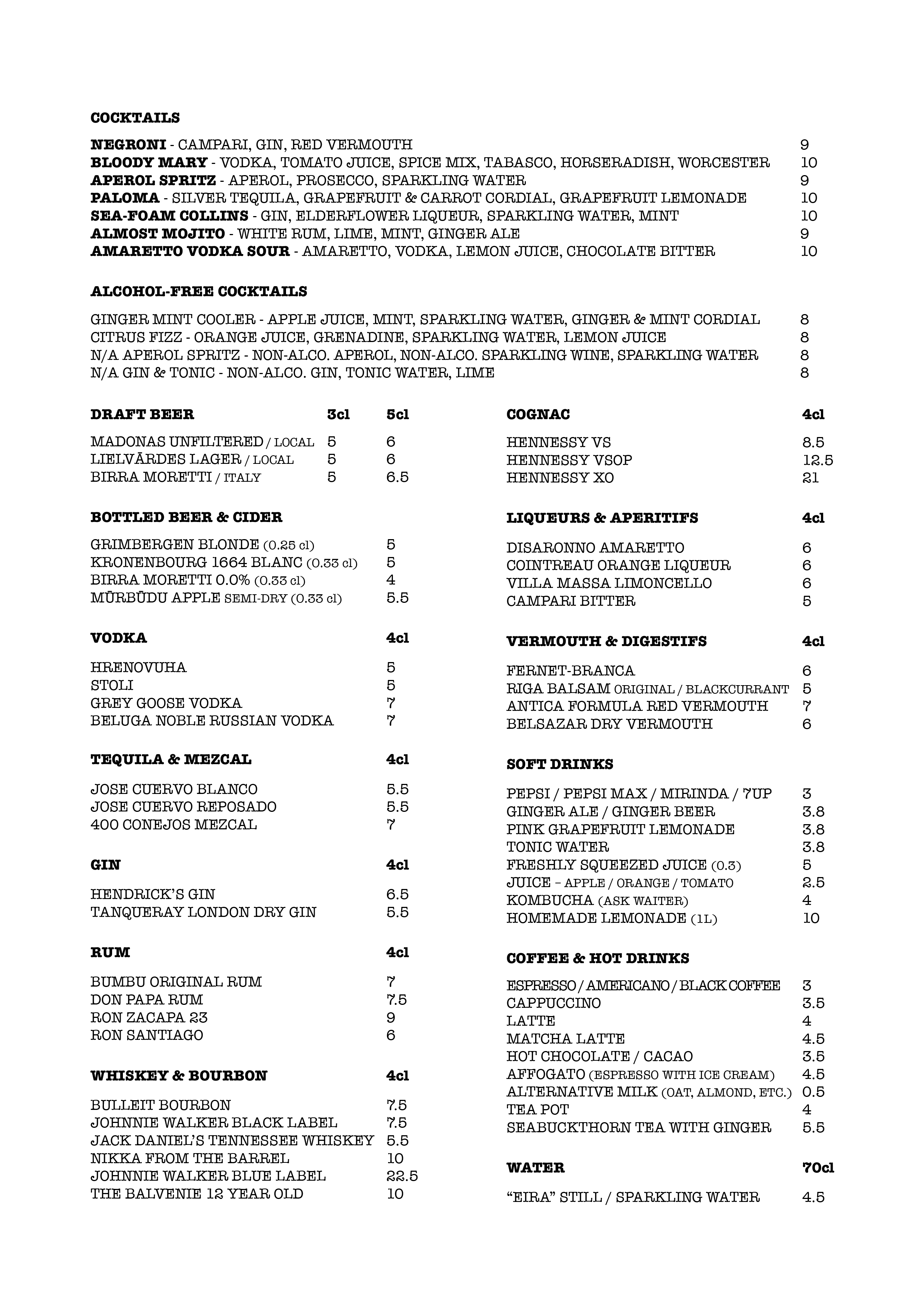 Drinks menu part 2 at Fish Corner restaurant, Riga, Latvia