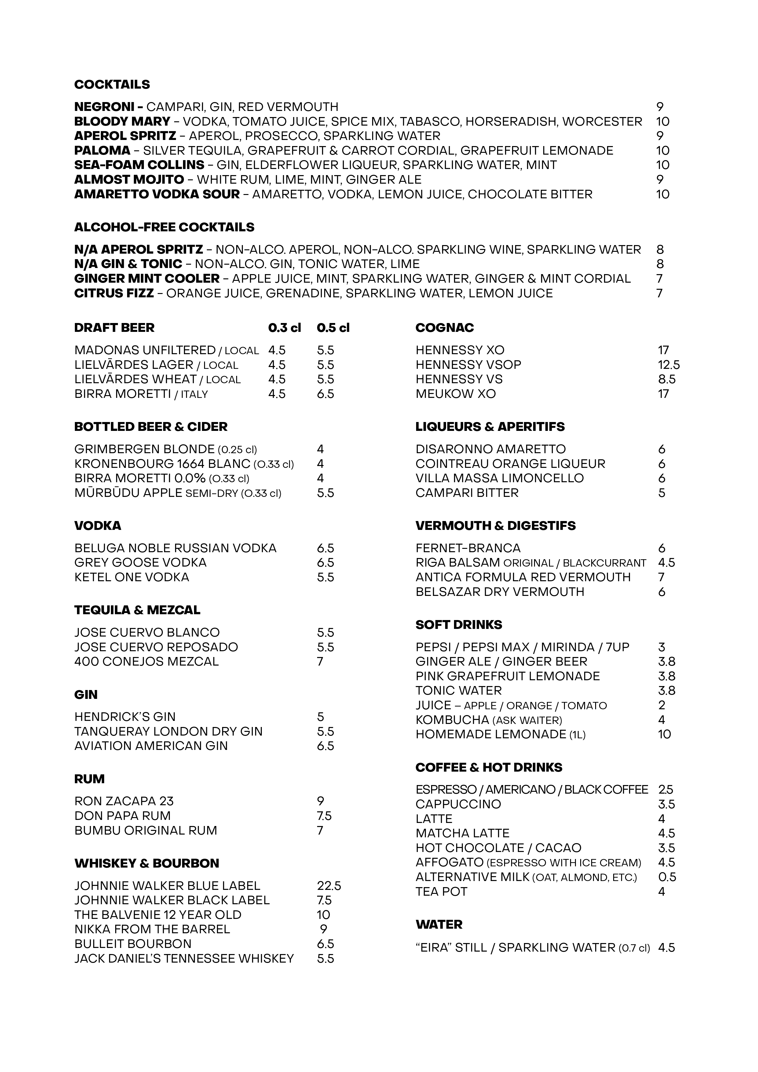 Drinks menu part 2 at Fish Corner restaurant, Riga, Latvia