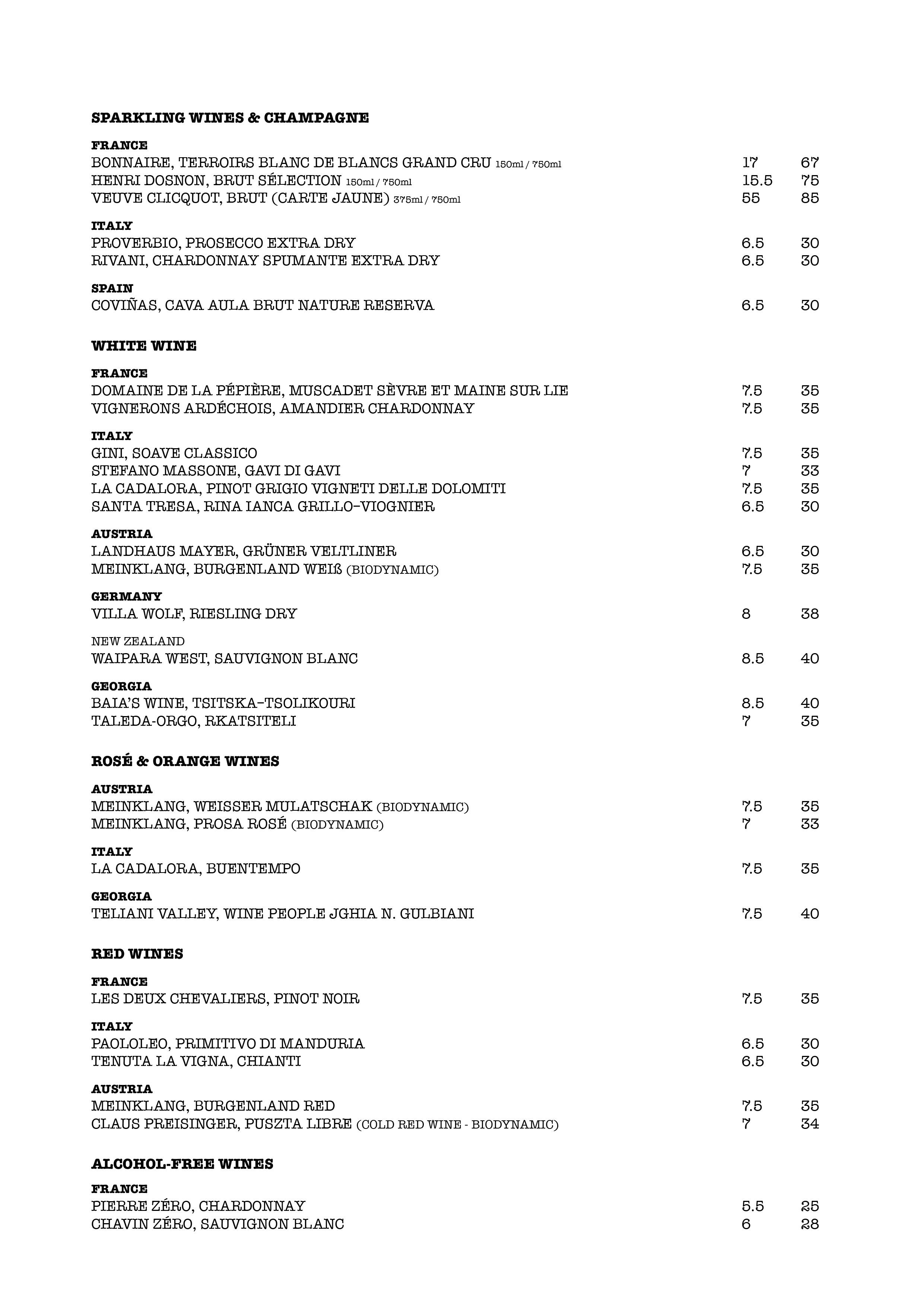 Drinks menu part 1 at Fish Corner restaurant, Riga, Latvia