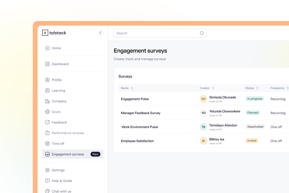 Engagement surveys list in Talstack showing each survey's creator, status and frequency