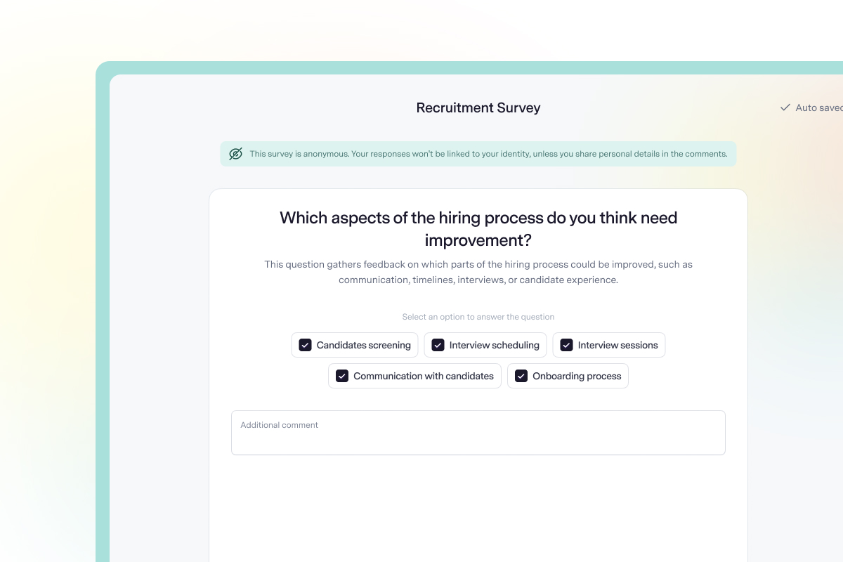 Anonymous recruitment survey question with multiple-choice answers in Talstack Surveys