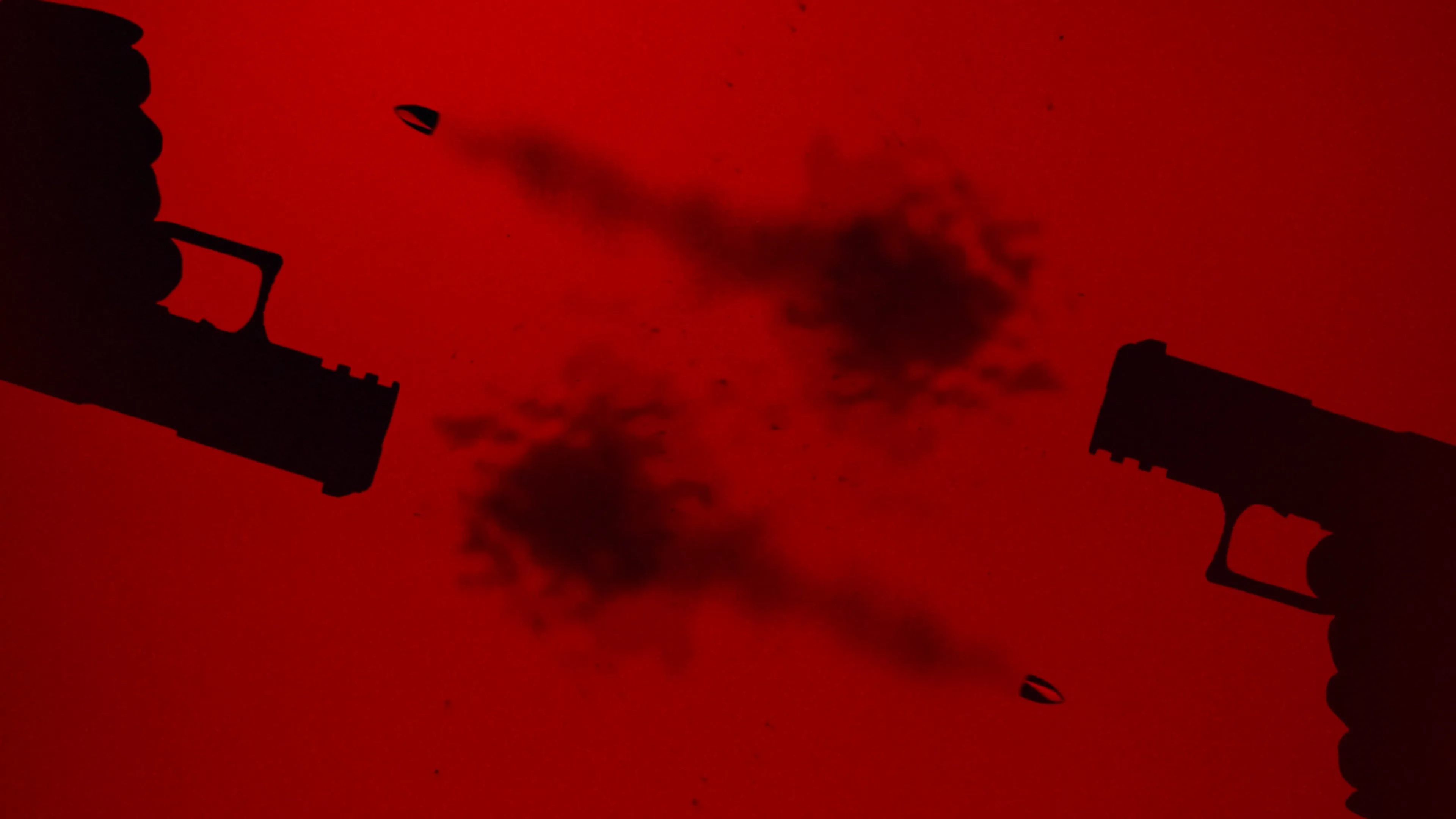 Silhouettes of two guns firing bullets against a red background with smoke trails from the muzzle.