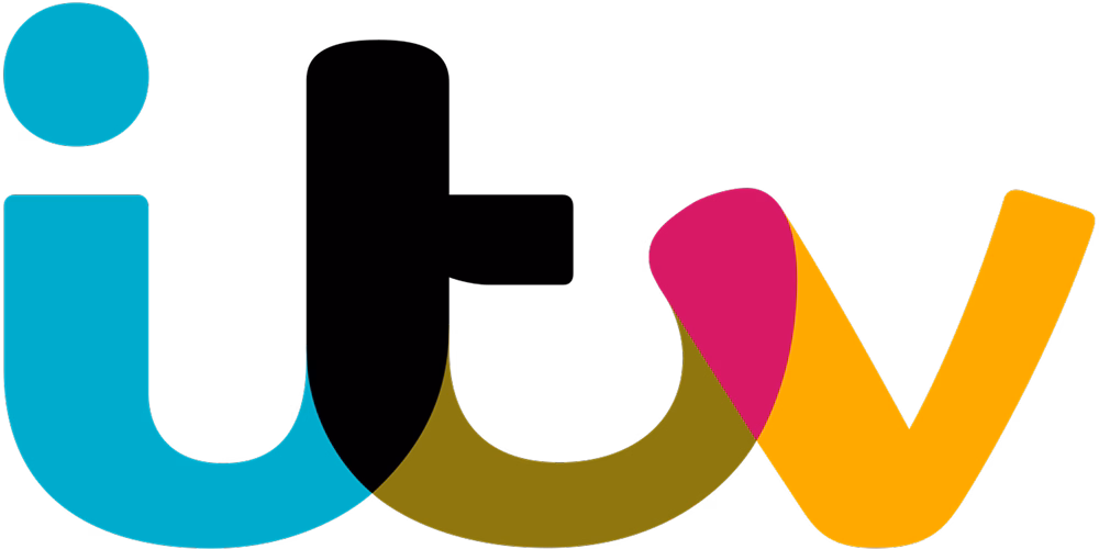 ITV logo with lowercase letters i and t in blue and black, and v in pink and yellow.