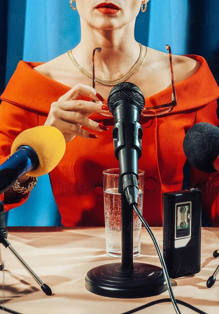Woman wearing red off-shoulder dress and gold jewelry sitting at a table with three microphones, a glass of water, and a voice recorder, holding glasses in one hand.