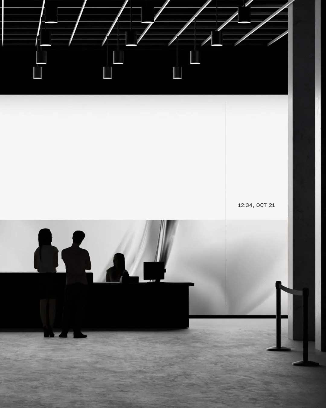 Silhouettes of two people standing and one person sitting behind a reception desk in a modern interior with black ceiling lights and a large illuminated screen displaying the time and date, 12:34, Oct 21.