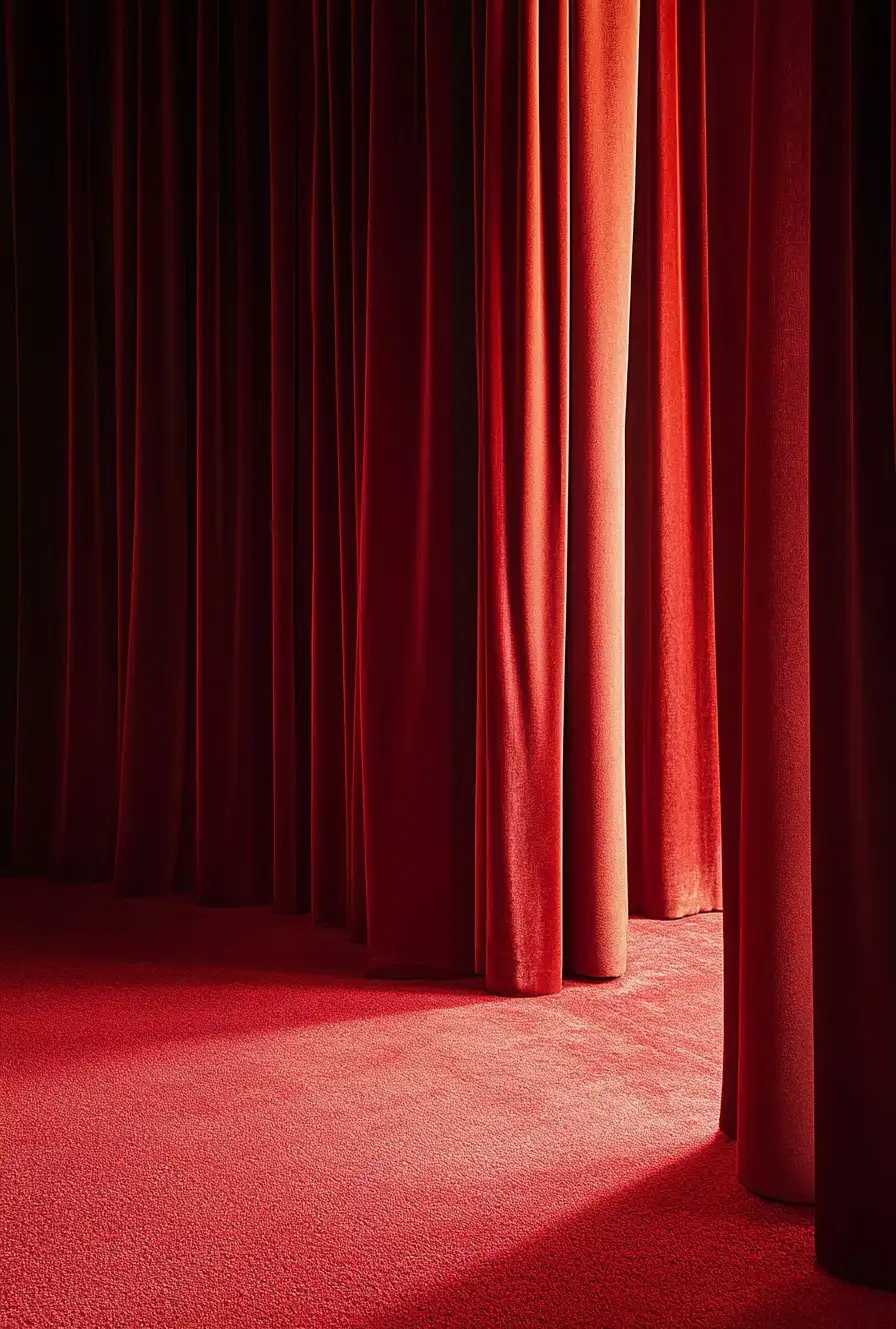 Soft red velvet curtains partially opened with light streaming through the gap onto a matching red carpeted floor.