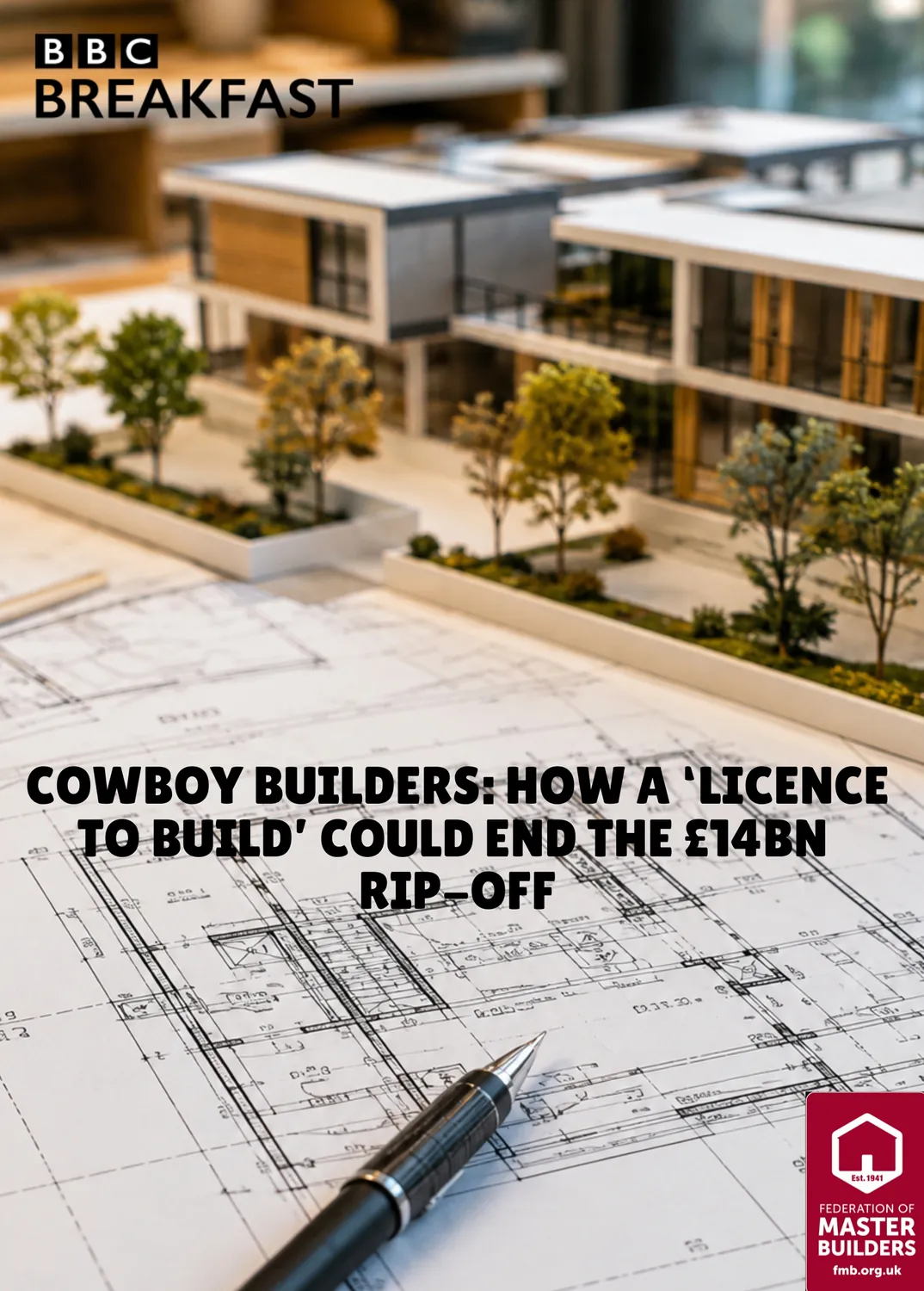 Architectural blueprint with a pen in the foreground and a detailed miniature model of modern buildings with trees in the background, featuring the BBC Breakfast logo and headline about cowboy builders and licensing to end a £14 billion rip-off, with the Federation of Master Builders logo in the corner.