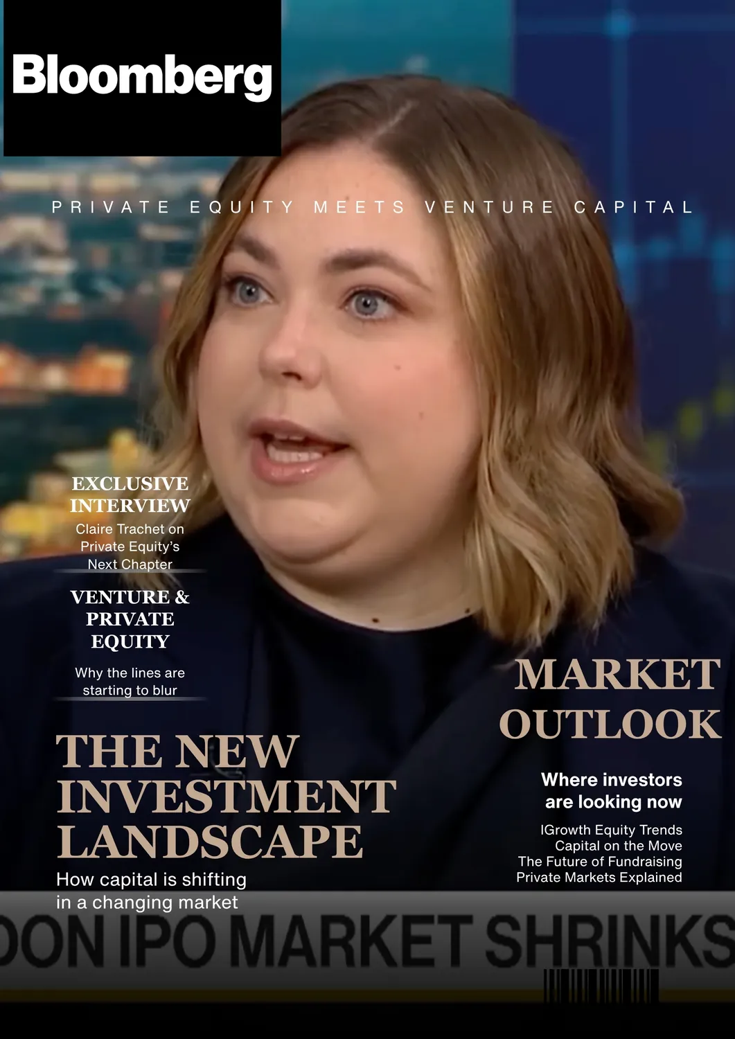 Close-up of a woman with short blonde hair speaking in a Bloomberg interview, with text about private equity, venture capital, market outlook, and investment landscape topics.