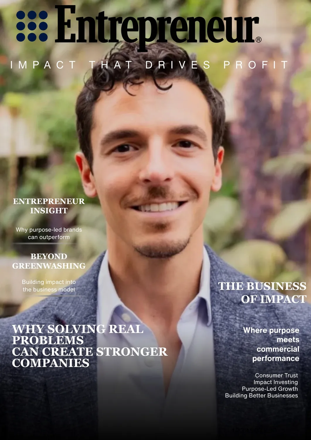 Close-up of a smiling man with short curly hair, dressed in a light blue shirt and dark blue blazer, standing outdoors with blurred greenery in the background, overlaid with text about entrepreneurship, purpose-led brands, and impact-driven business.