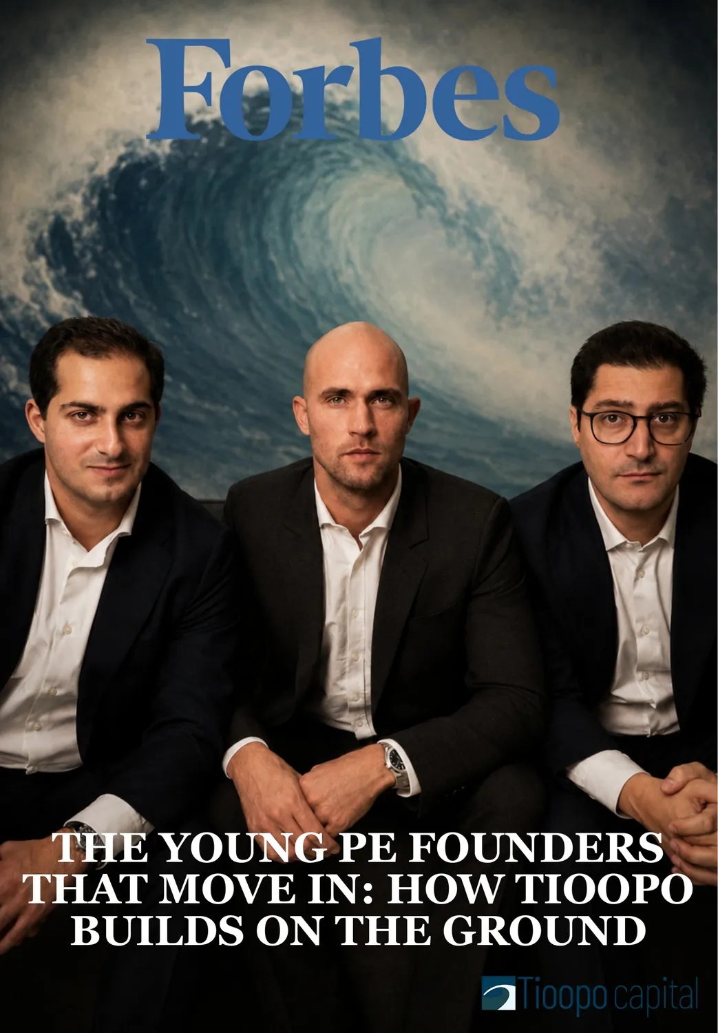 Three young men in dark suits and white shirts sitting side by side against a backdrop of a large ocean wave, with the Forbes logo above and text about young private equity founders and Tioopo Capital below.