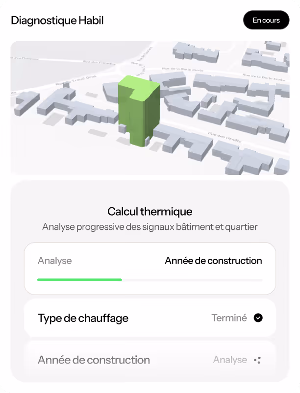 Interface de diagnostic thermique montrant une carte 3D avec un bâtiment en vert, un calcul thermique en cours et un type de chauffage terminé.