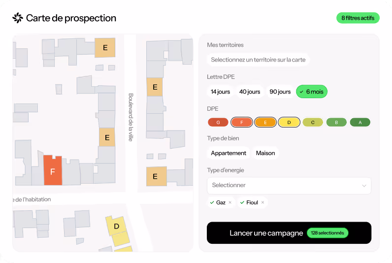 Interface de carte de prospection avec zones marquées selon la lettre DPE (de G à A), options pour sélectionner la durée, type de bien, type d'énergie, et bouton pour lancer une campagne avec 128 sélections.