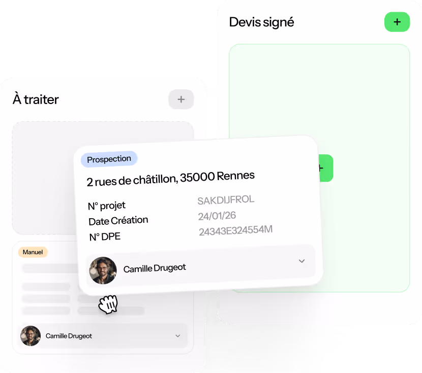 Interface utilisateur montrant deux colonnes avec des projets, une pour 'À traiter' et une autre pour 'Devis signé', incluant un projet avec l'adresse 2 rues de Châtillon, 35000 Rennes et les détails du projet.
