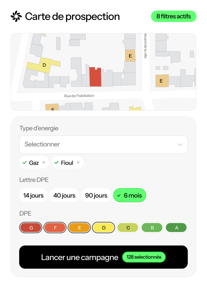 Carte de prospection interactive permettant de filtrer les passoires thermiques par type d'énergie (gaz, fioul) et étiquette DPE pour lancer une campagne de marketing direct.