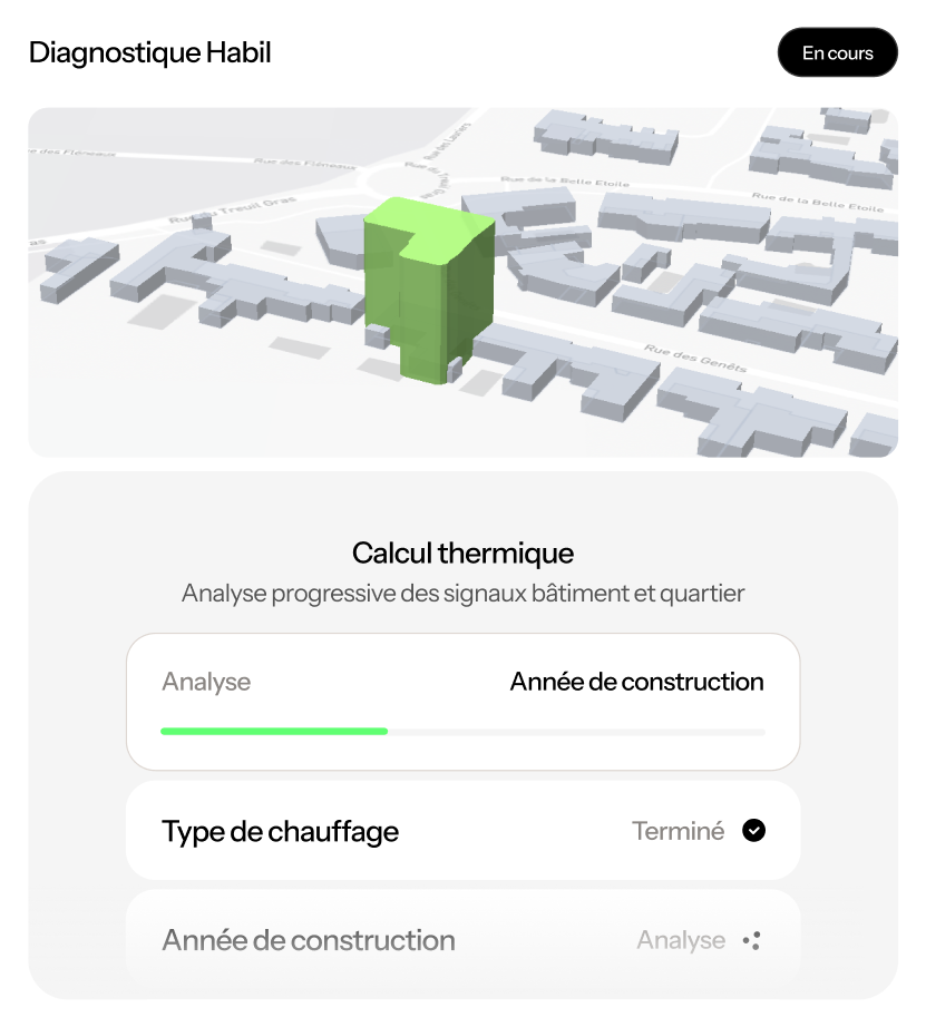 Modélisation 3D d'un bâtiment et interface d'analyse thermique automatisée identifiant l'année de construction et le mode de chauffage à partir de données urbaines.