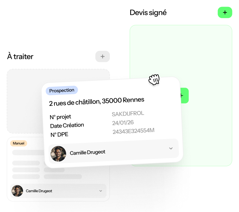 Fiche projet de prospection pour un logement à Rennes incluant le numéro de DPE, la date de création et l'attribution du dossier à un conseiller en rénovation.
