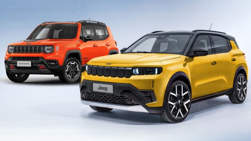 L'actuel Jeep Renegade (à l'arrière plan) est apparu en 2014, son remplaçant (au premier plan) n'arrivera qu'en 2027, mais rien en dit qu'il sera vendu chez nous.