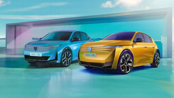 Illustration : future Peugeot E-208 sur plateforme STLA Small et future Peugeot 208 thermique dérivée du modèle actuel