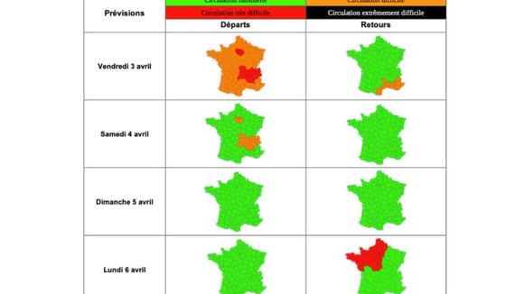 Carte des prévisions de Bison Futé pour la circulation du week-end de Pâques 2026.