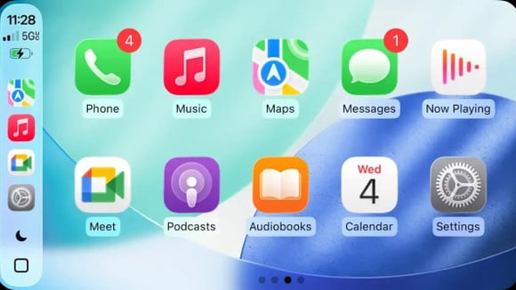 Interface CarPlay de Google Meet avec agenda, bouton pour rejoindre une réunion et contrôle audio