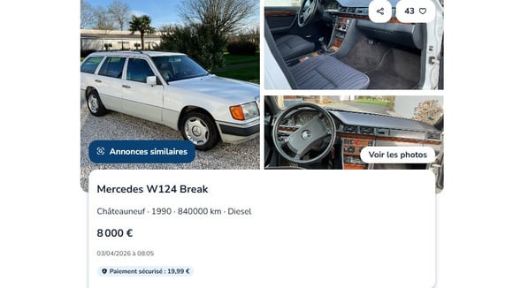 Annonce très détaillée pour une Mercedes W124 break proposée à 8 000 €