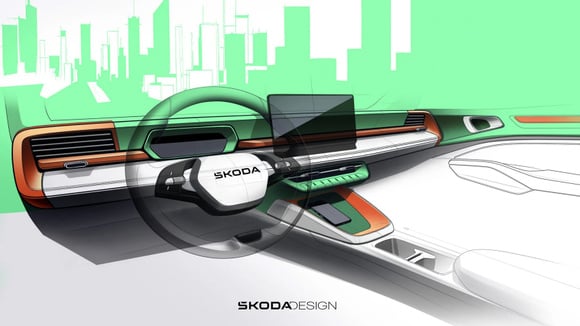 Aperçu de la planche de bord du Skoda Epiq, avec instrumentation numérique et écran central flottant.