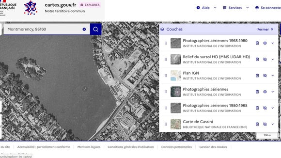 Calques et données historiques sur cartes.gouv.fr, dont des photos aériennes anciennes