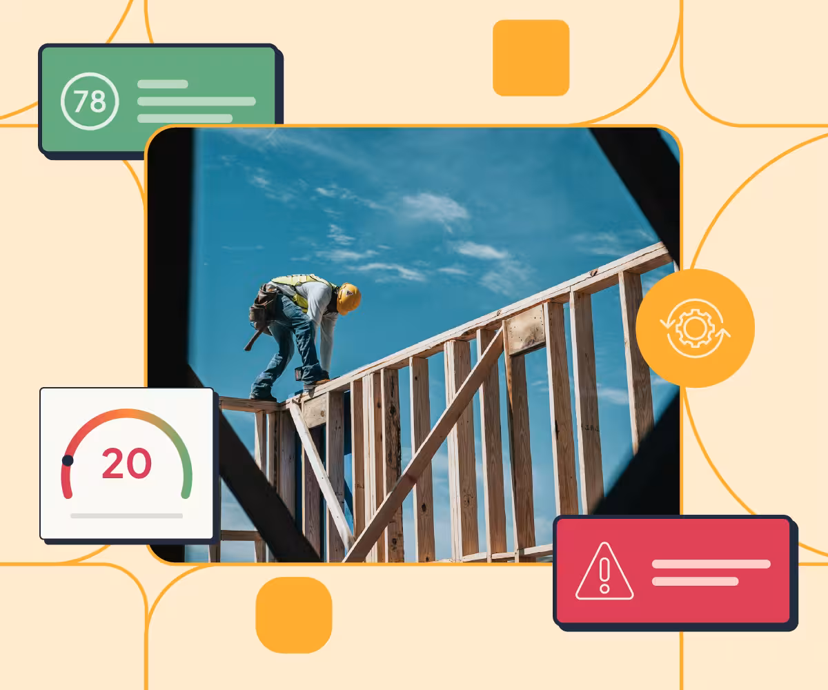 An image of a builder on top of some wooden walls being built surrounded by illustrations of elements of the Red Flag Alert product