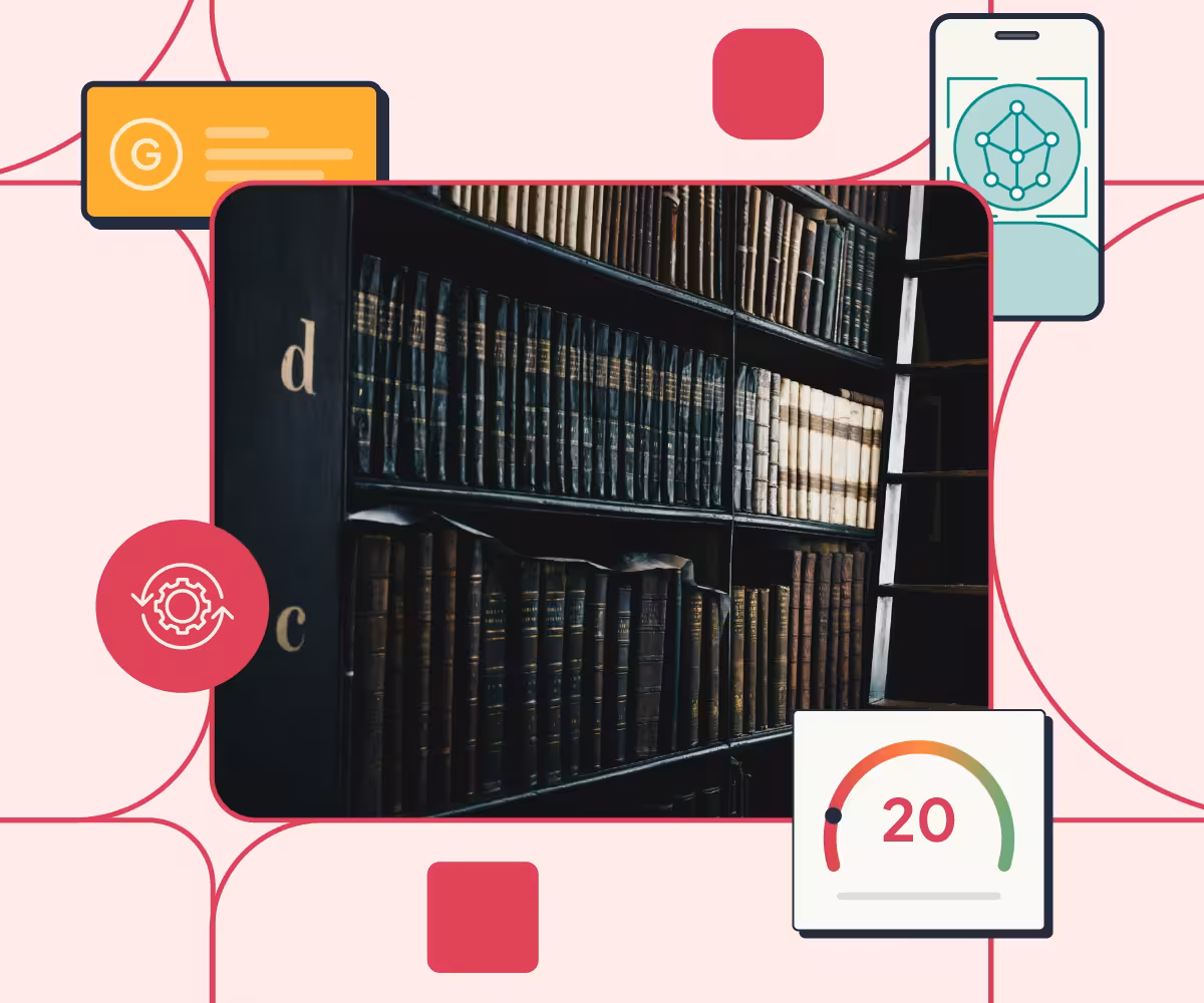 An image of shelves of old books surrounded by illustrations of elements of Red Flag Alerts product