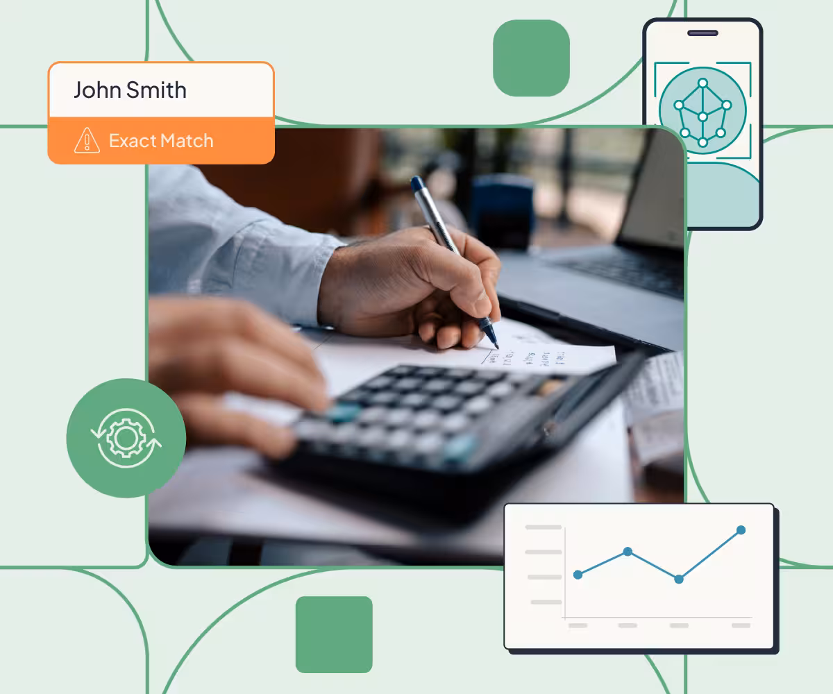 An image of a person at a desk using a calculator with illustrations around it of elements of the Red Flag Alert product