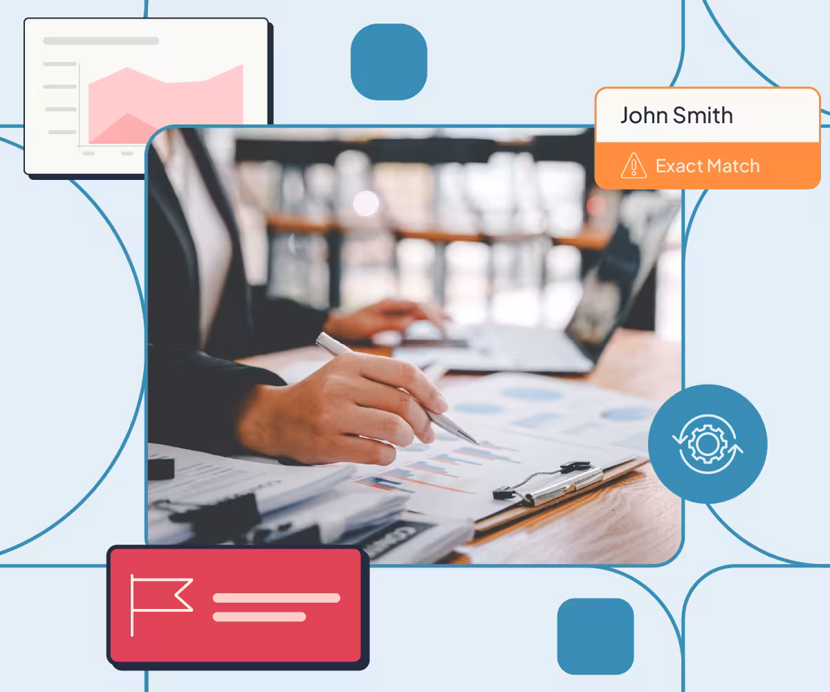 An image of a woman at a desk looking at graphs on some paper with illustrations around it of elements of Red Flag Alerts product