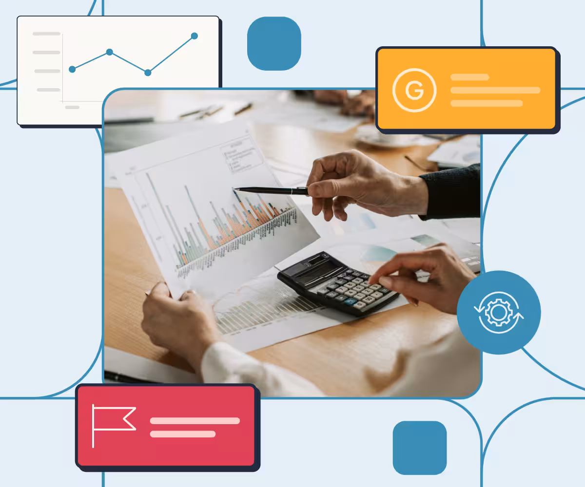 An image of a hand holding a page with a graph on it and putting number in a calculator while another hand points at something with a pen with illustrations from the Red Flag Alert product