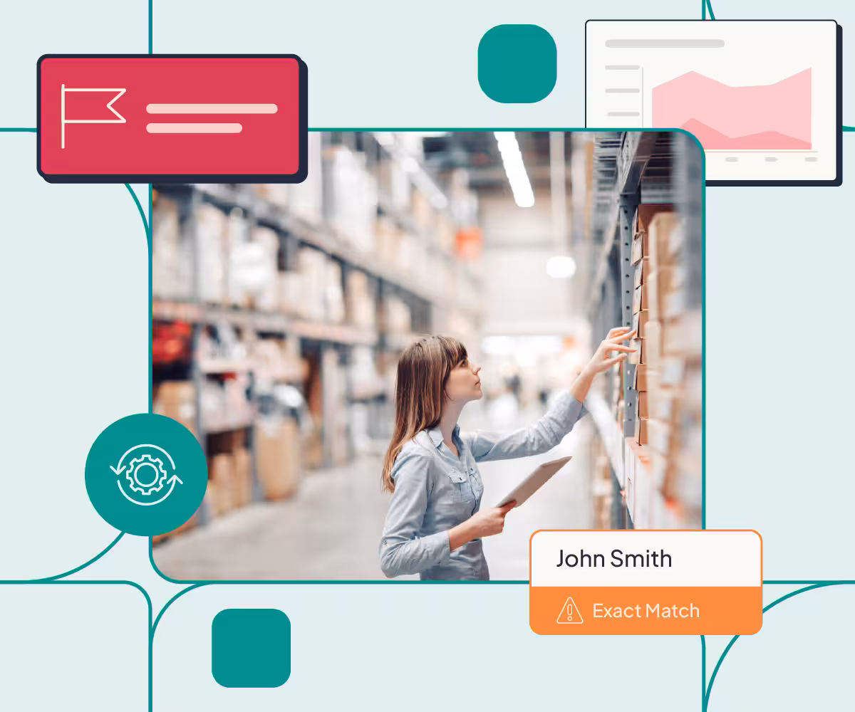 An image of a woman checking stock in a warehouse with a tablet, surrounded by illustrations of details from the Red Flag Alert product