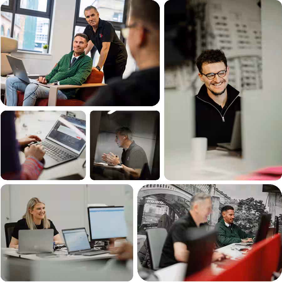 Several images of the Red Flag Alert team smiling and working at laptops or in meetings
