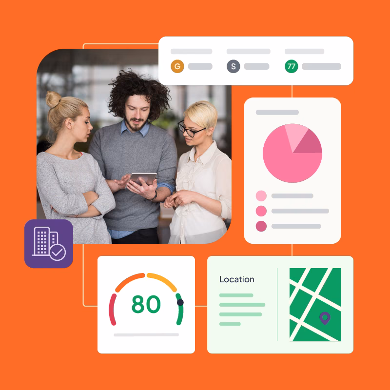 A team of three people standing around an iPad with illustrations of Red Flag Alert's credit report dashboard around them
