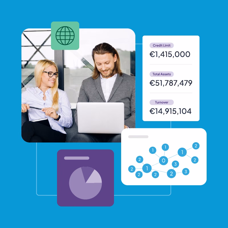 Two people round a laptop with illustrations showing group structure and financial UI elements from Red Flag Alert's international checks