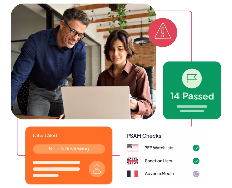 Two people with a laptop with illustrated elements of the Red Flag Alert AML checks UI around them