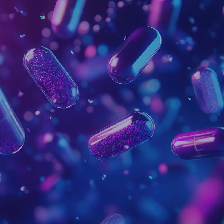 Some capsule tablets floating through a blue and purple starry scene