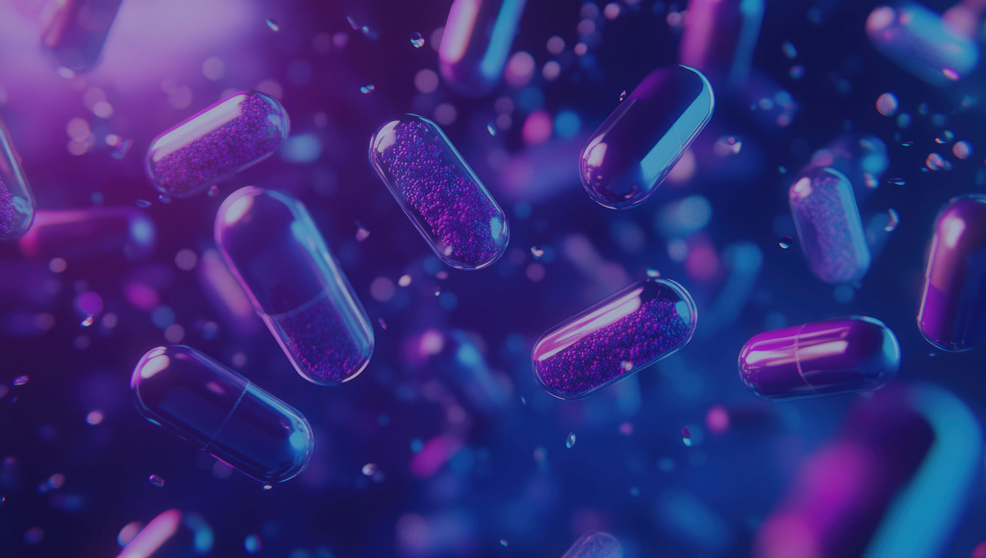 Some capsule tablets floating through a blue and purple starry scene