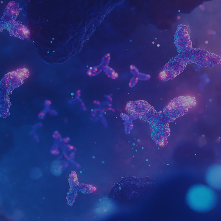 Some 3-pointed, star shaped molecules glowing and floating through a blue and purple scene