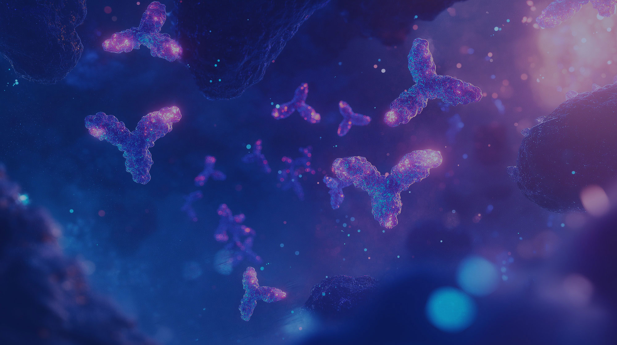 Some 3-pointed, star shaped molecules glowing and floating through a blue and purple scene