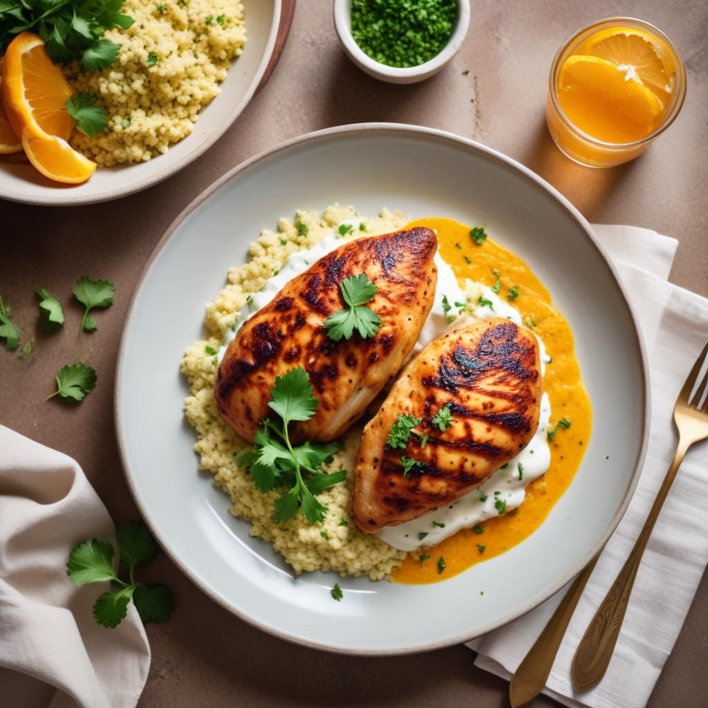 Tulinen harissa-kana ilmafriteusaissa valkosipuliyoghurtin ja yrttisen couscouksen kera – nopea ja maukas ateria kahdelle.