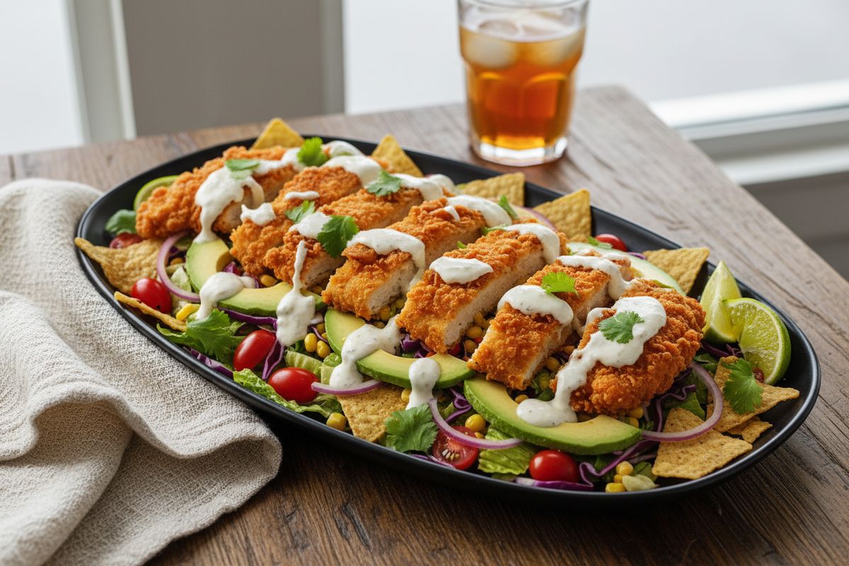 Mausteisiksi paneroitujen kanasuikaleiden, raikkaiden kasvisten ja tulisen salsajogurttikastikkeen yhdistelmä – tacosalaatti, joka täyttää lihaisimmankin nälän.