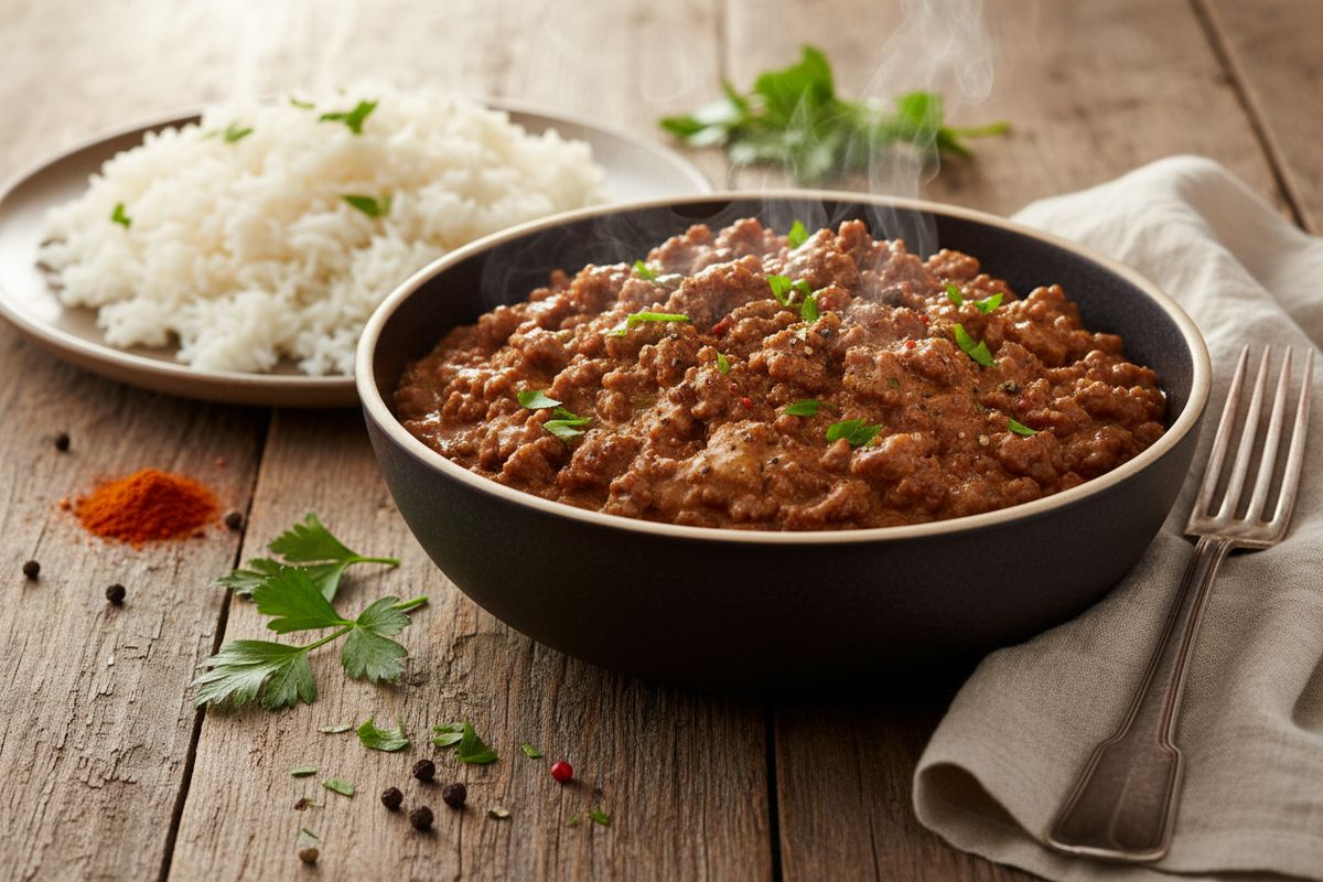 Täyteläinen jauhelihastroganoff smetanakastikkeella – nopea arkiruoka, joka maistuu joka kerta paremmalta.