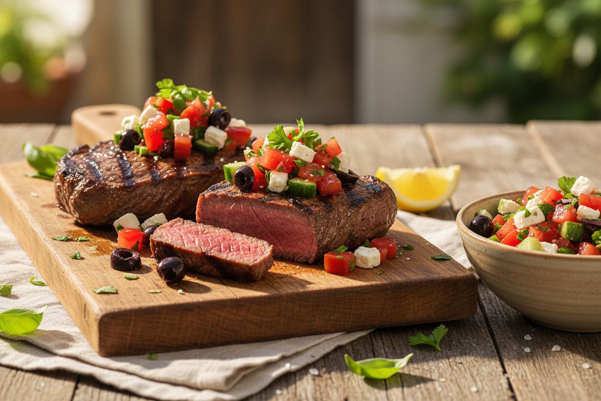 Täydellisesti grillattu entrecôte-pihvi ja kirpeä kreikkalainen salsa – kesän paras liharuoka grillissä.