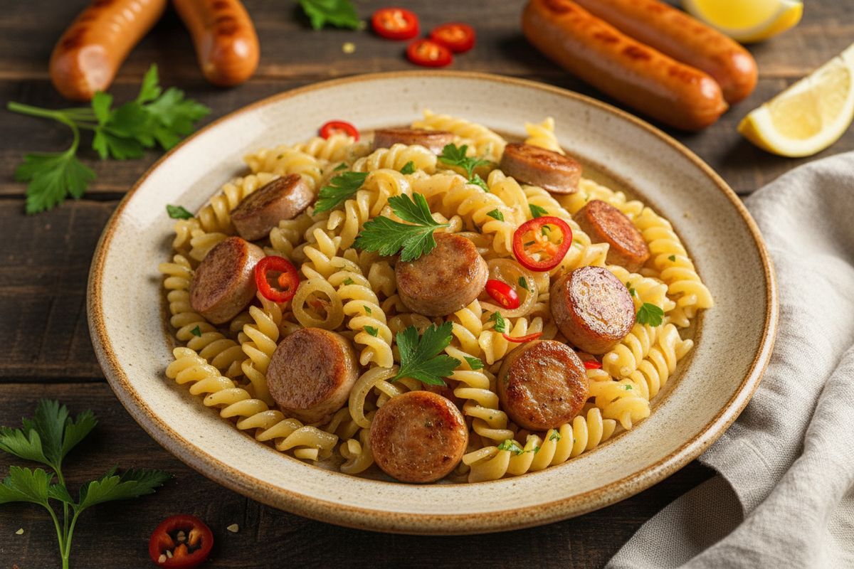 Bratwurstipasta chilillä ja karamellisoitu sipulilla – täyttävä ja maukas arkilihapasta sitruunakastikkeessa.