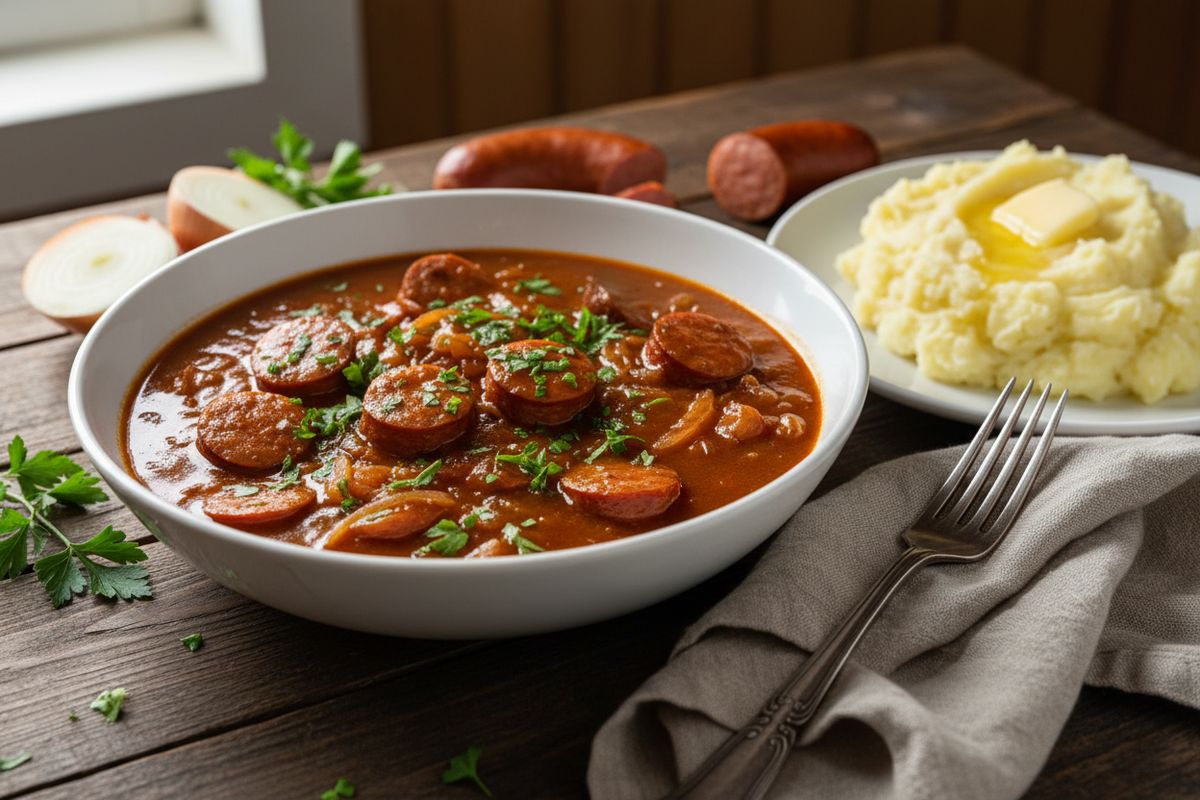 Reippaasti ruskistetut nakit tomaattisessa sipulikastikkeessa – suomalainen arkiruokaklassikko parhaimmillaan.